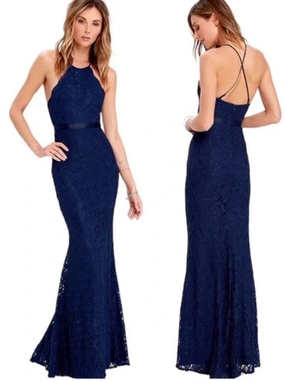 NWT Lulu's Zenith Navy Lace Halter Maxi Dress Gown Medium
